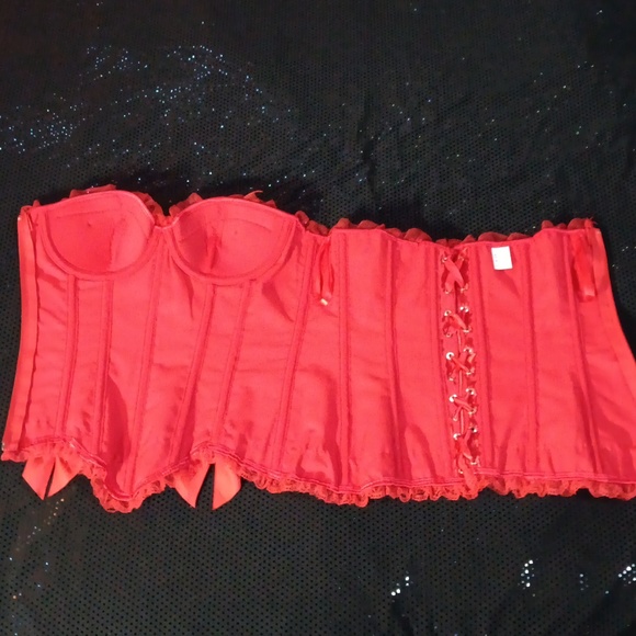 Lace Ruffled Very Red Satin Corset With Bows, Lace Up Back & Side Zipper (M) - Picture 10 of 16